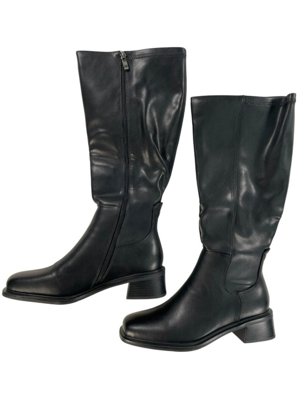 QIY Knee High Black Leather Riding Boots Block Side Zipper Women's Size 9 NEW - Picture 2 of 9